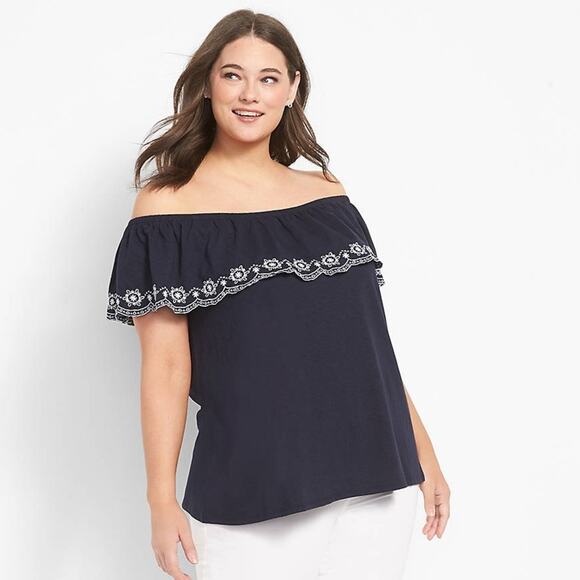 Lane Bryant off the shoulder embroidered blouse navy feminine bohemian plus size - Picture 2 of 12